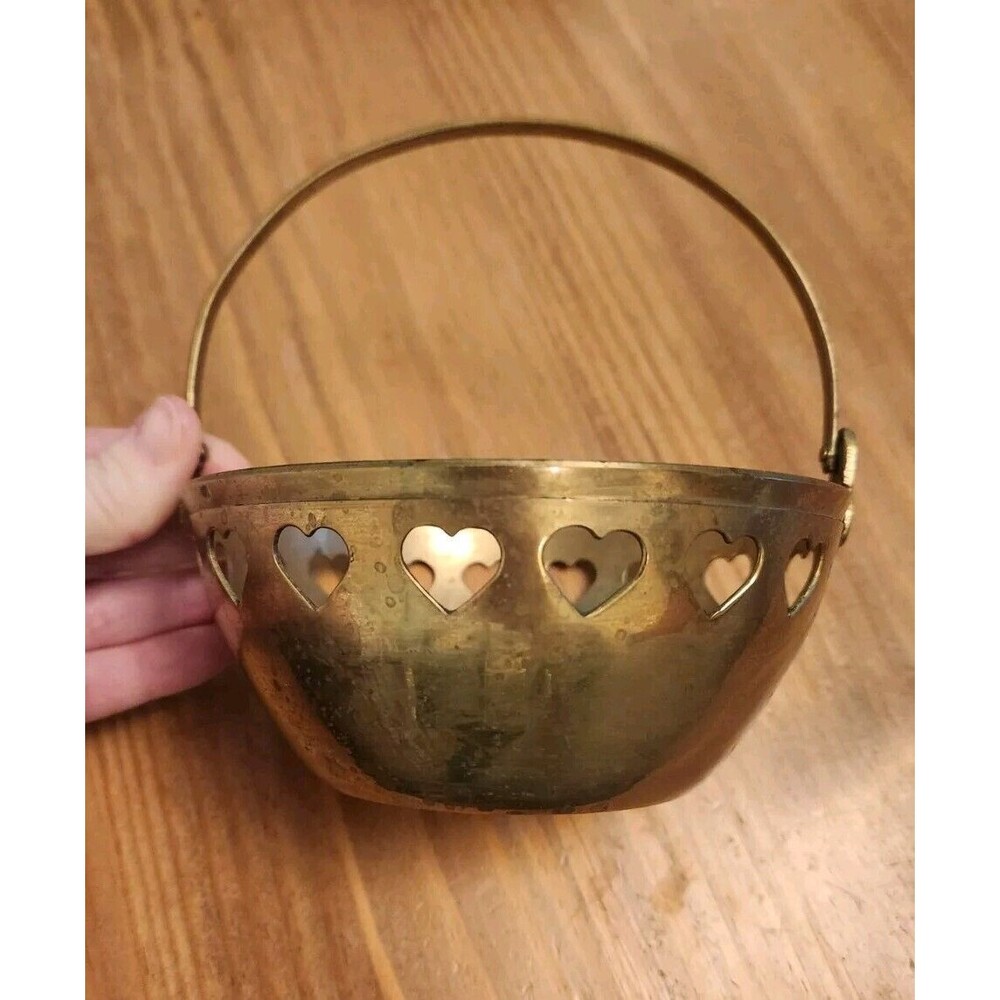VINTAGE Solid Brass 5.25" Basket with Hinged Handle and Hearts